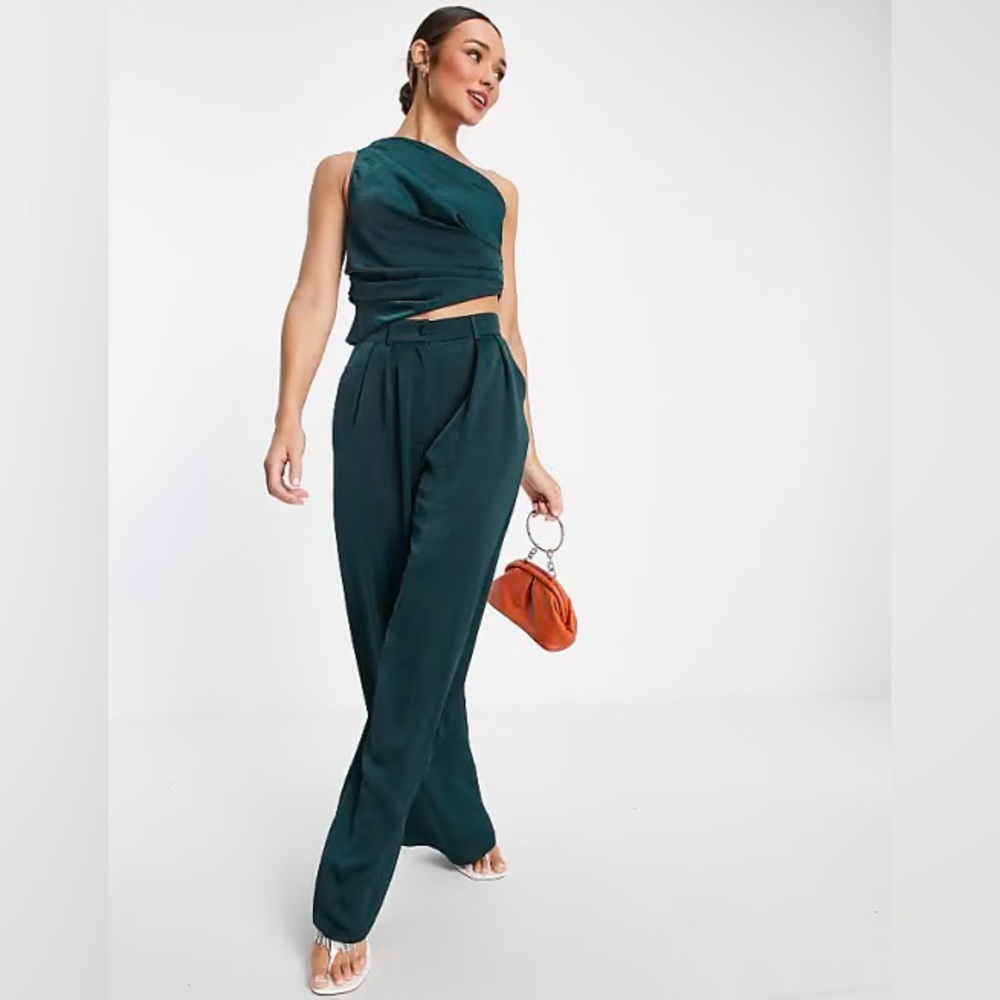 ASOS DESIGN One Shoulder Satin Top Size 4 Forest Green Cocktail Wedding Guest